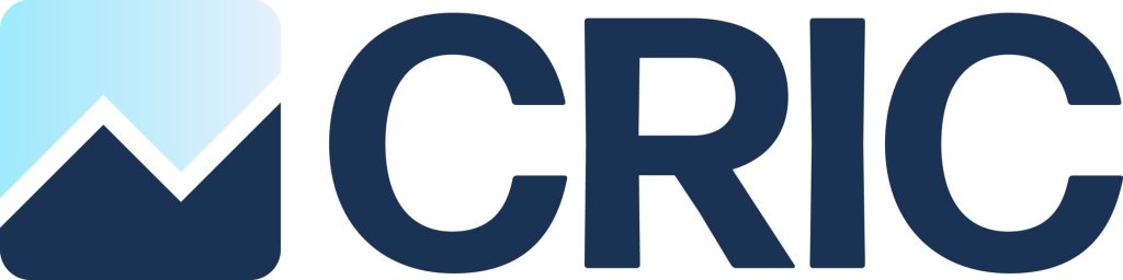 the logo for the Canadian Research Insights Council, a box in light blue and dark blue split with a white line that looks both like mountains and a line chart going up and to the right. This is followed by the letters "CRIC" in large blue font. 